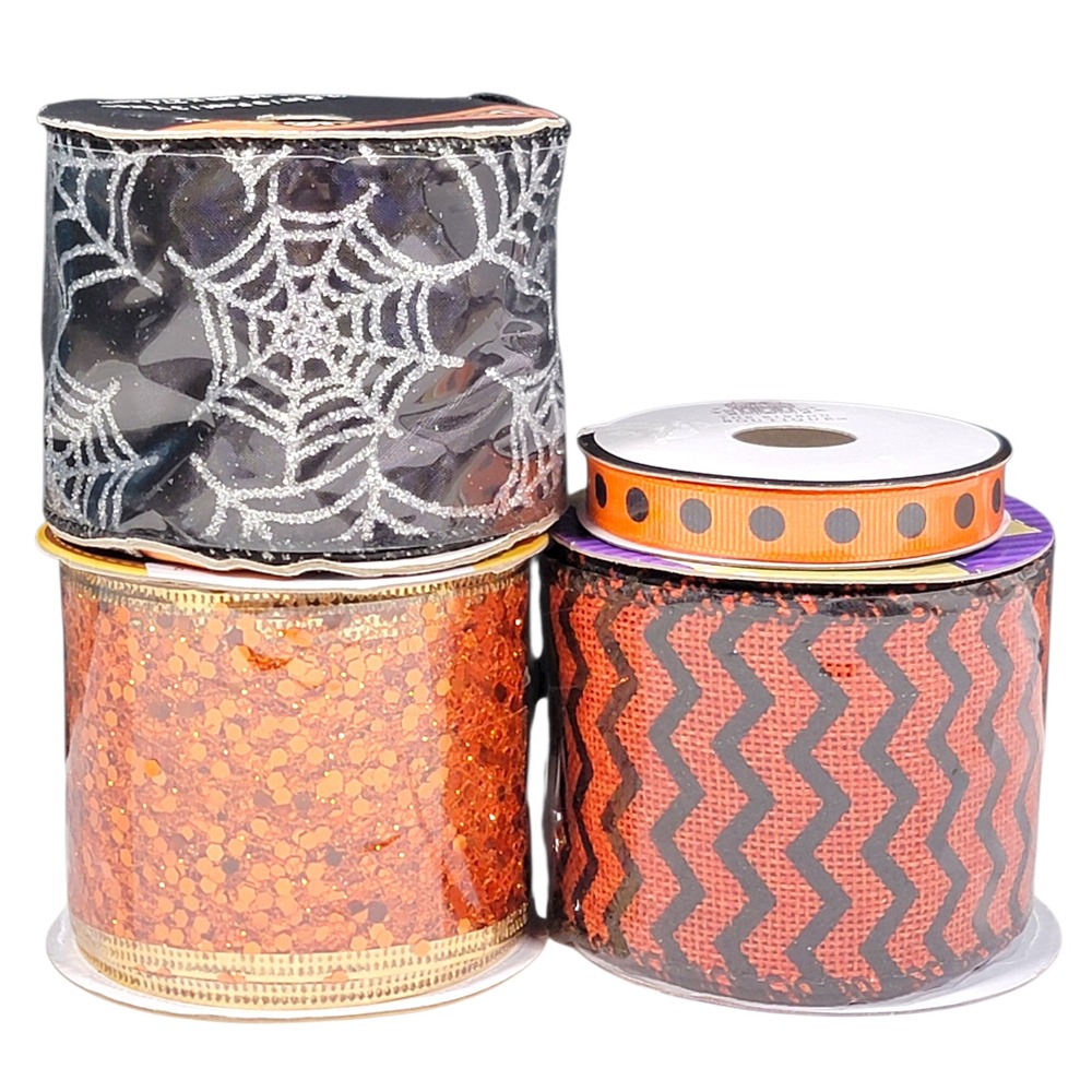 Halloween Ribbon Lot of 4 Rolls Spiderweb Glitter Chevron Polka Dot Orange Black